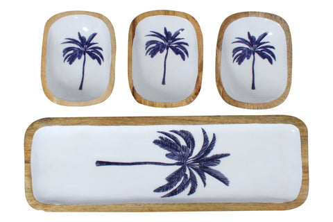 Belize Blue Palm Set Of 3 Dip Bowls & Tray