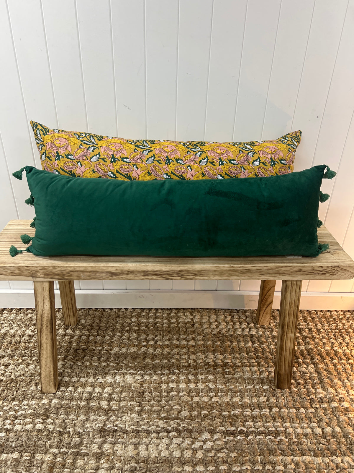 90cm Emerald Velvet Long Cushion with Tassels