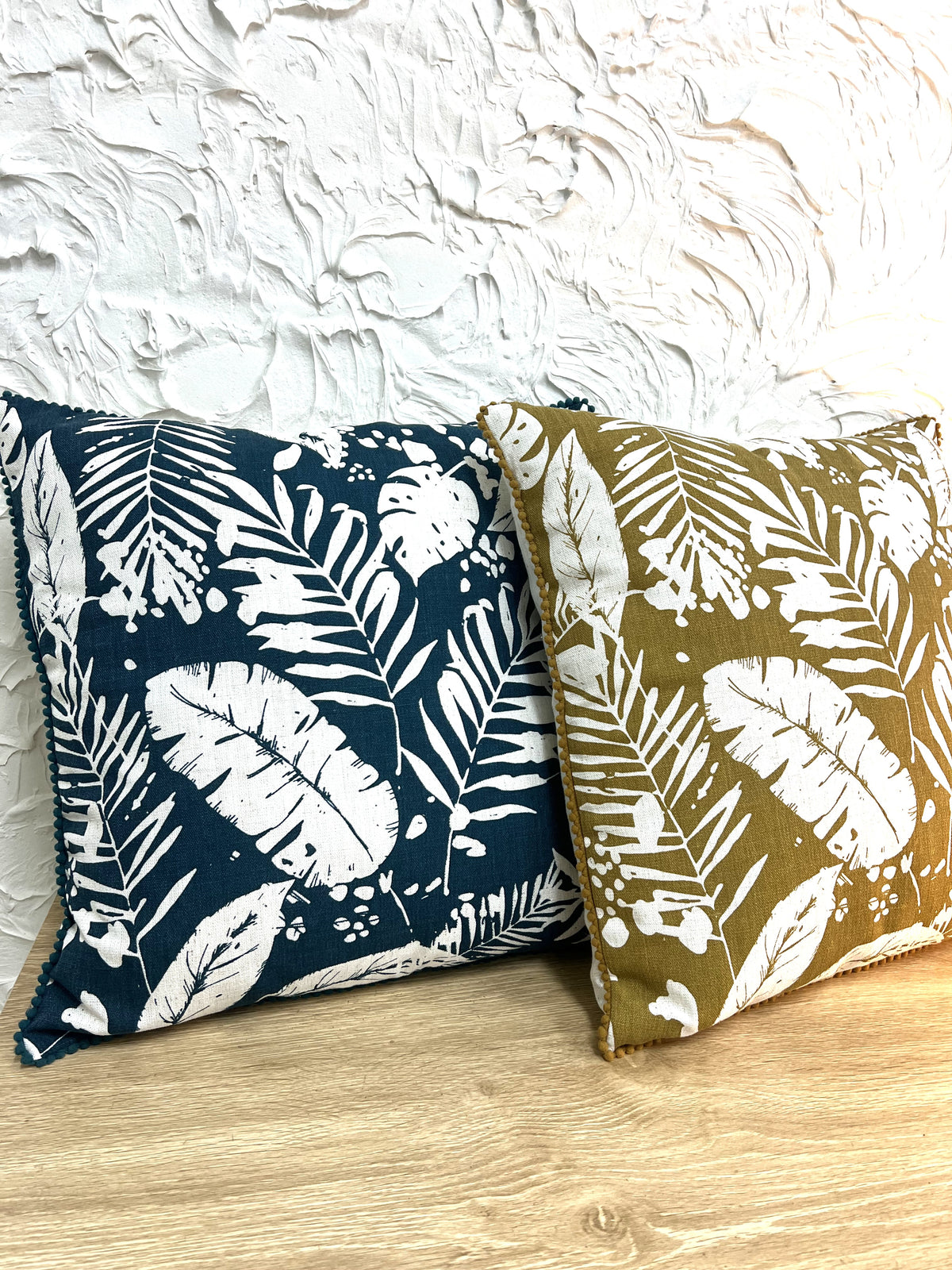 45cm Mustard Linen Leaf Print Cushion with Trim