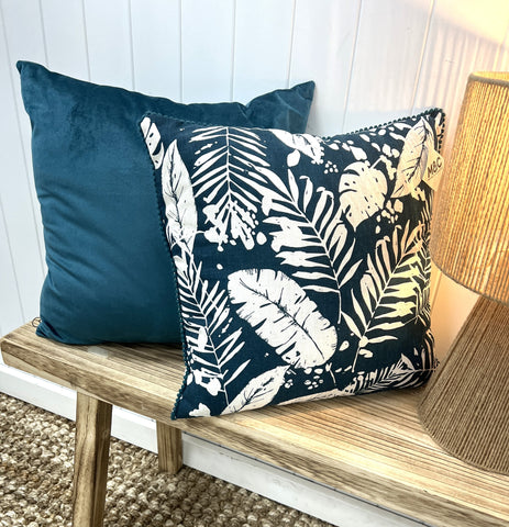 45cm Teal Linen Leaf Print Cushion with Trim