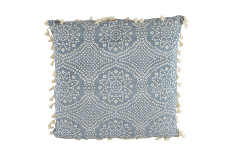 50cm Blue Printed Cushion with Tassels