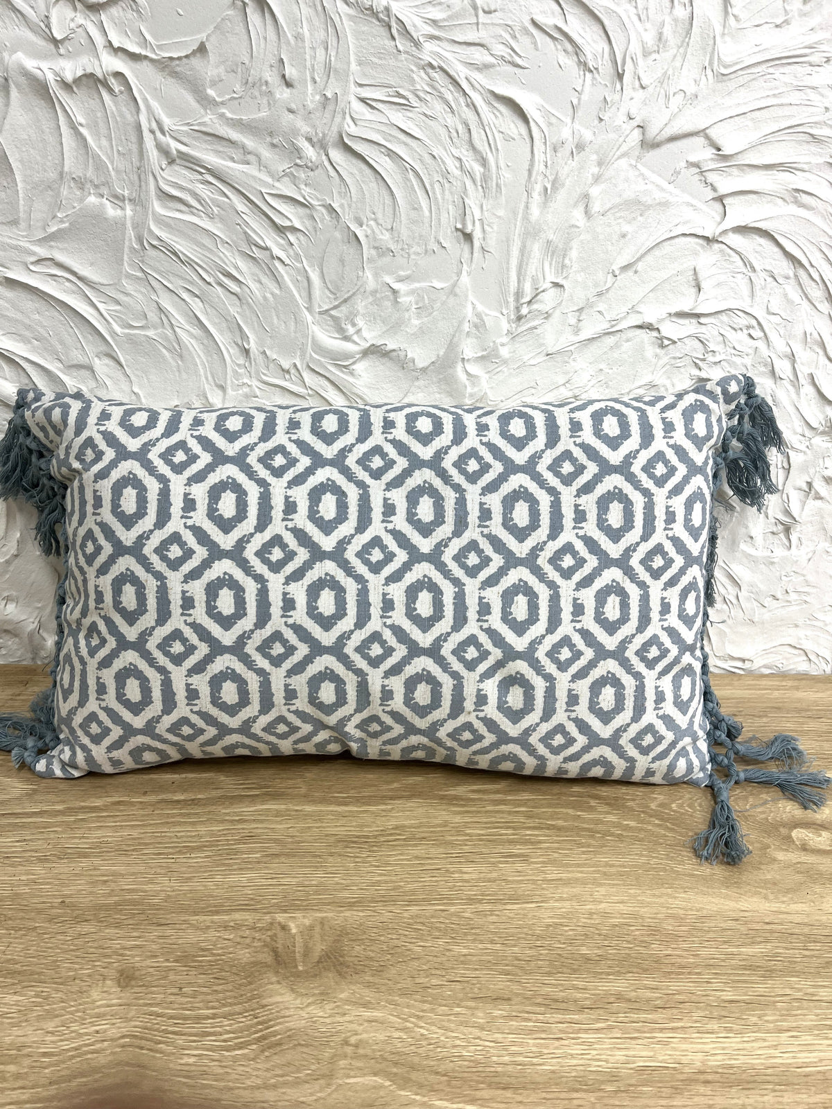 Blue Geometric Patterned Cushion with Tassels 50 x 30cm