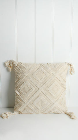 46cm Cream Embroidered Cotton Cushion With Tassels