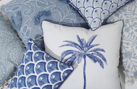 50cm Light Blue & Cream Cushion with Fringing