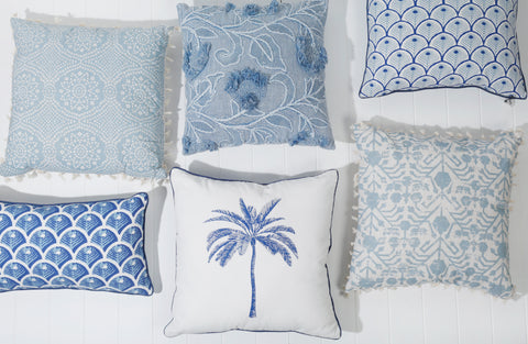 50cm Light Blue & Cream Cushion with Fringing