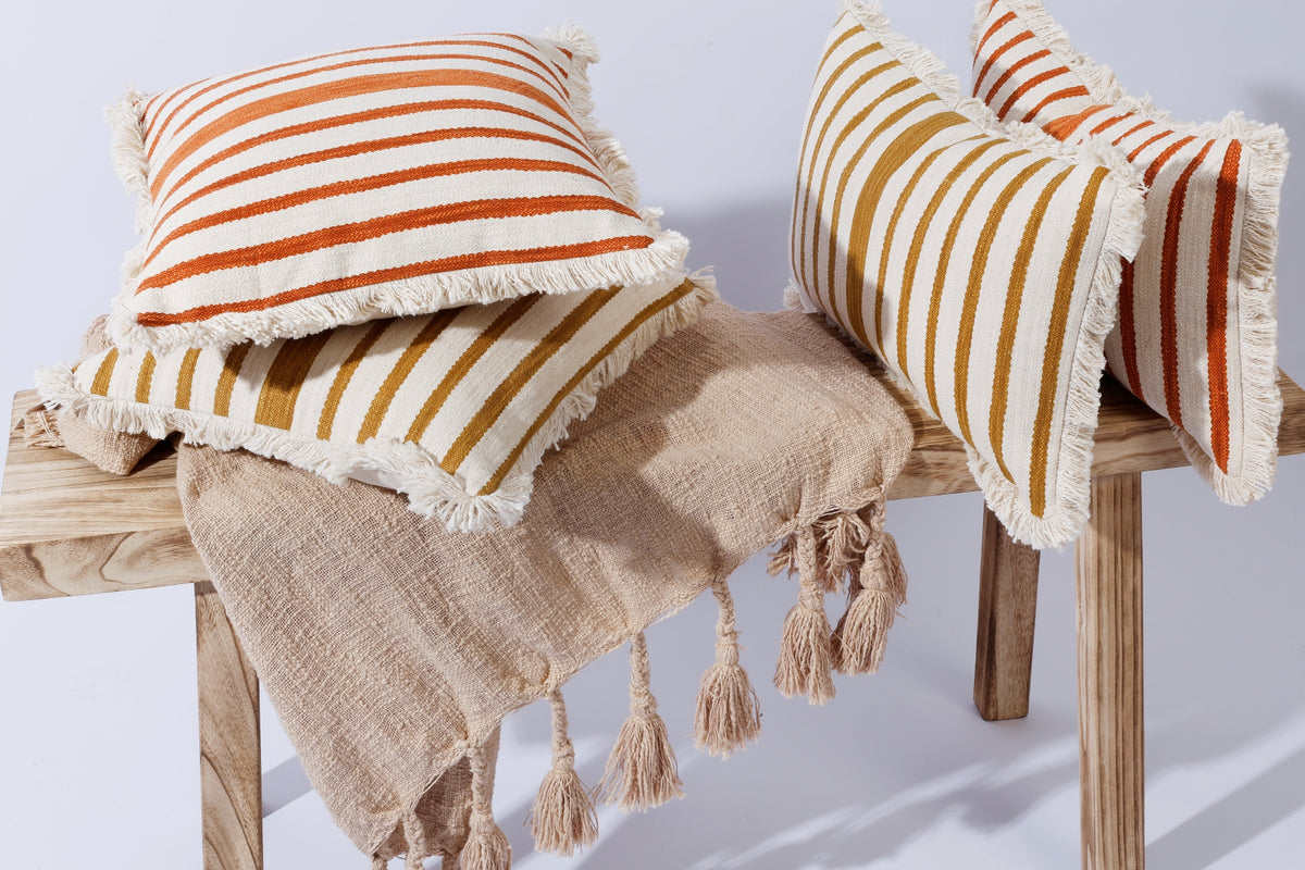 40cm Terracotta Stripe Square Cushion with Fringe