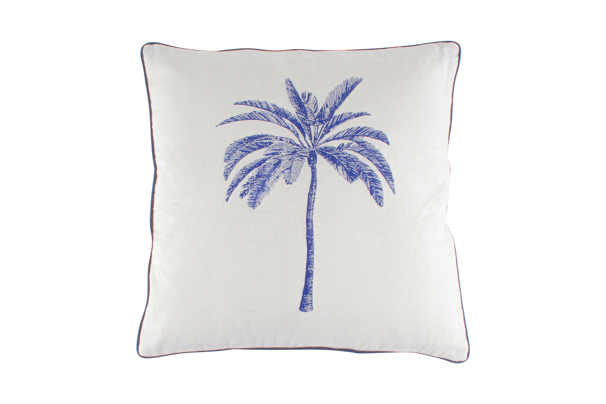 Belize Blue Palm Print Cotton Filld Cush With Piping 50 x 50cm