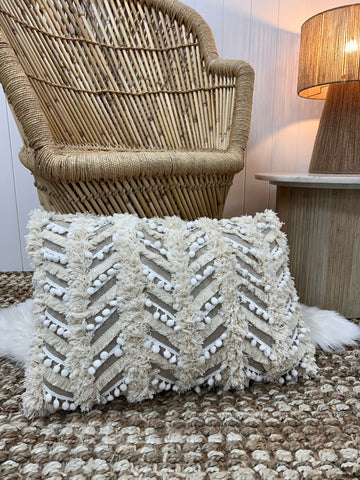 Cream Tassel Pom Pom Cushion 60 x 40cm