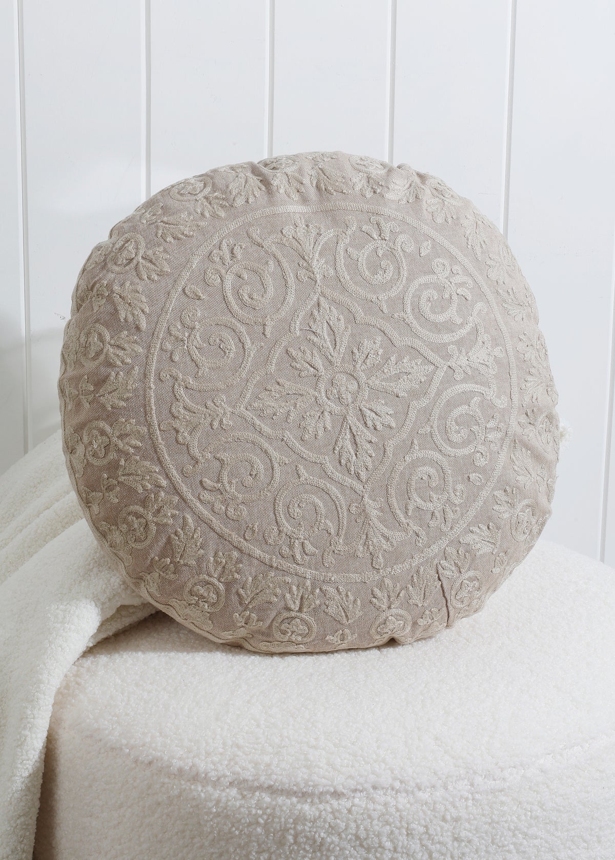 40cm Round Beige Embroidered Cushion
