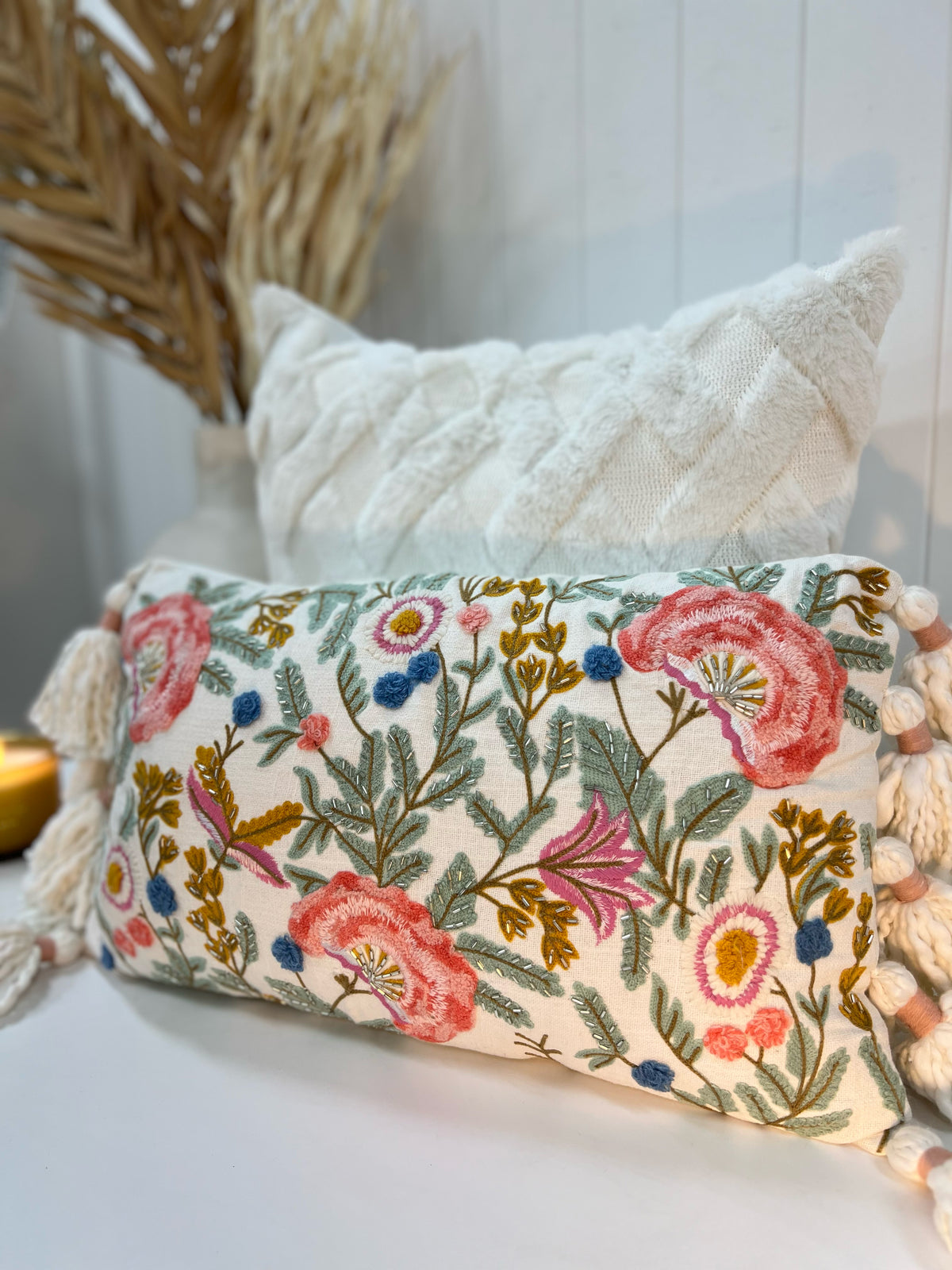 Floral Print Embroidered Cushion with Tassels 50x30