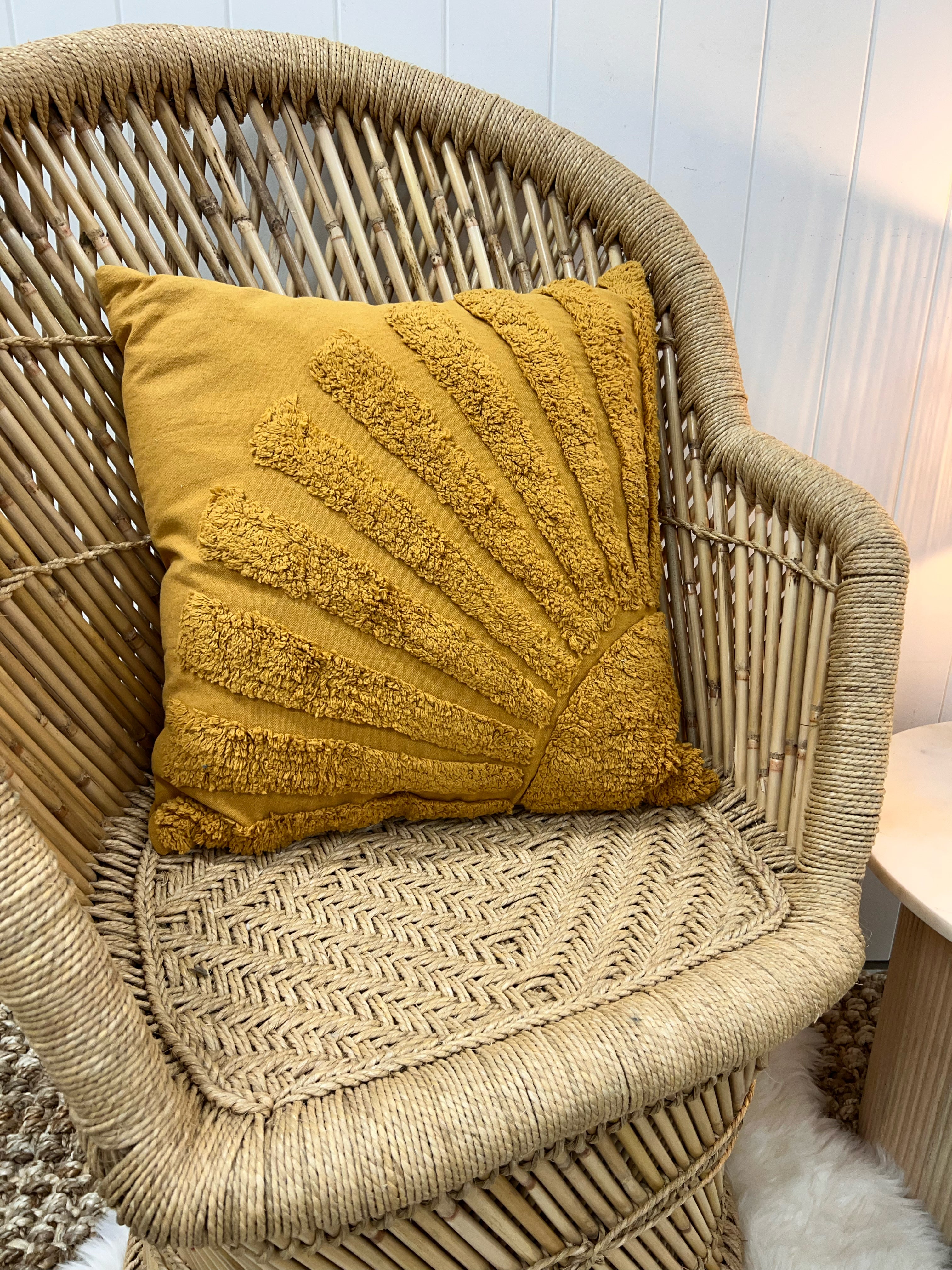 Comfortable Yellow Cotton Cushion with Fringe - 50 x 50cm