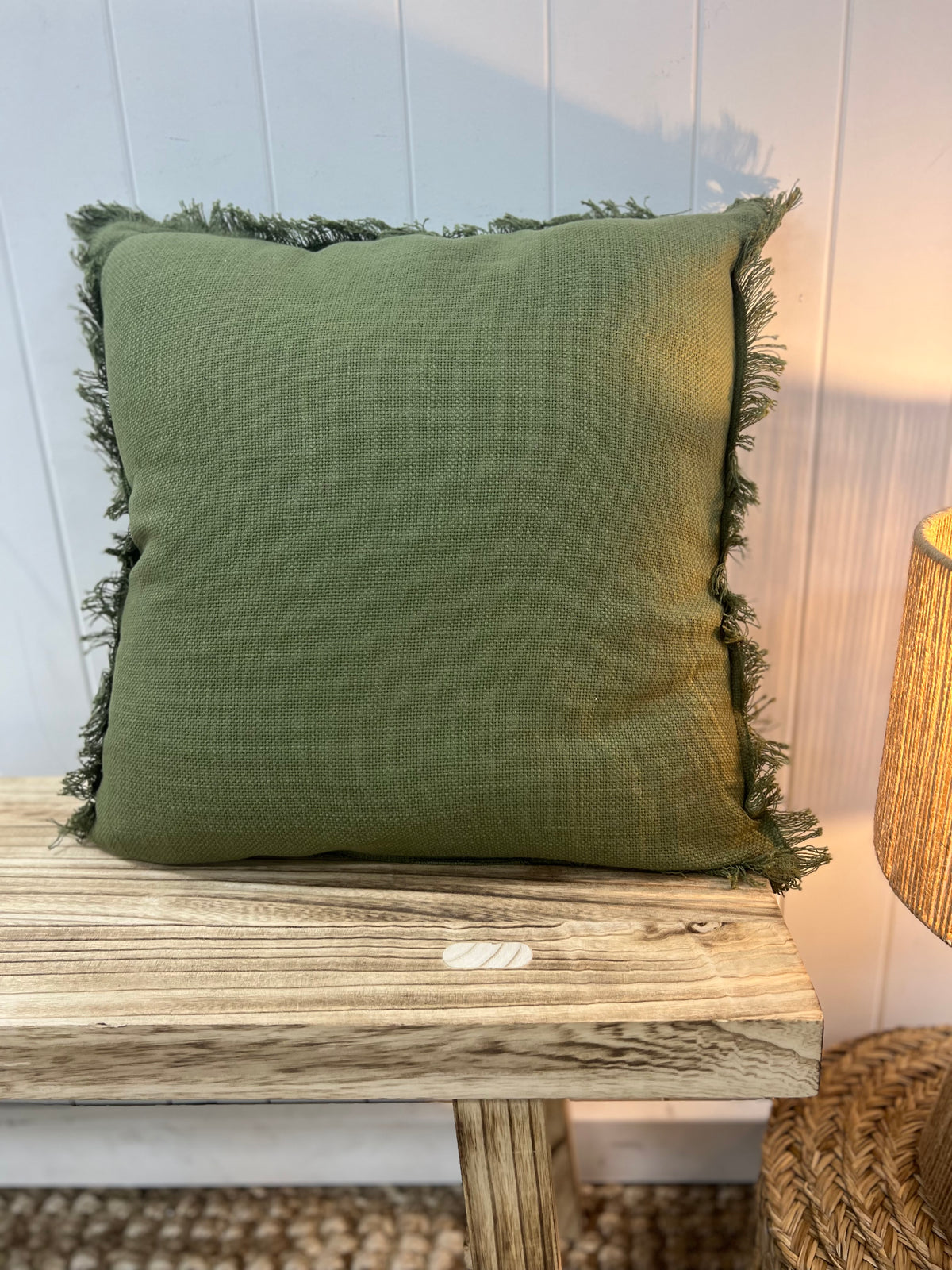 50cm Olive Green Linen Cushion with Fringing