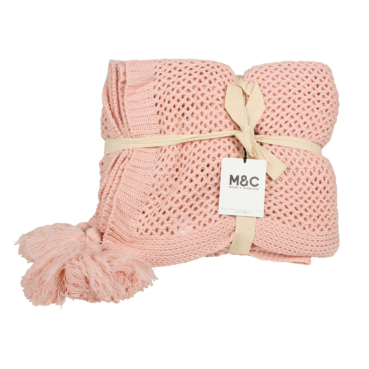 Blush Pink Chunky Knit Throw With Tassels 152x127cm