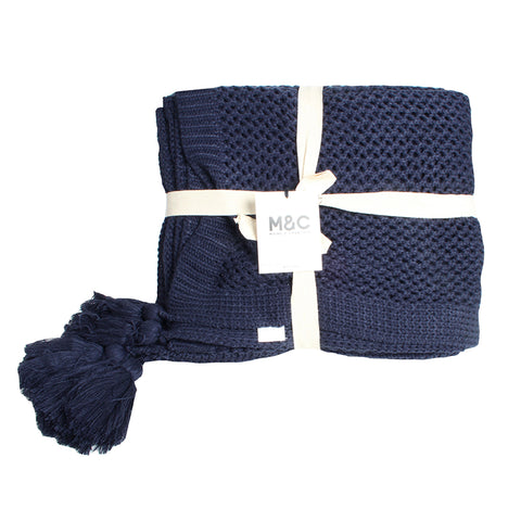 Hania Chunky Knit Throw With Tassels Navy