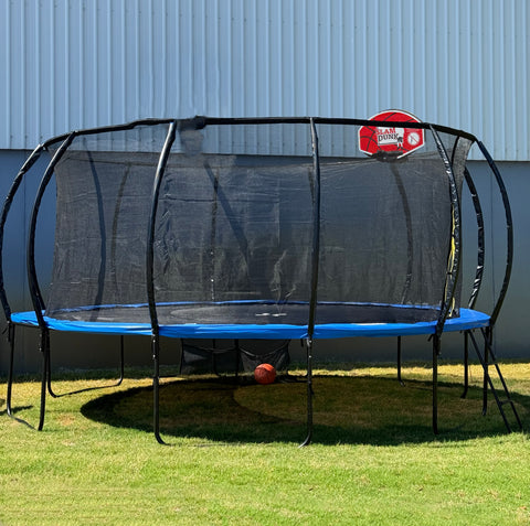 14ft 427cm Trampoline with Ladder, Shoe Bag, Baskeball Hoop, UV Resistant Mat, Galvanised Steel Springs and Frame, Blue - DELIVERY TO PERTH AND BRISBANE METRO ONLY ***DELIVERY FEE APPLIES***