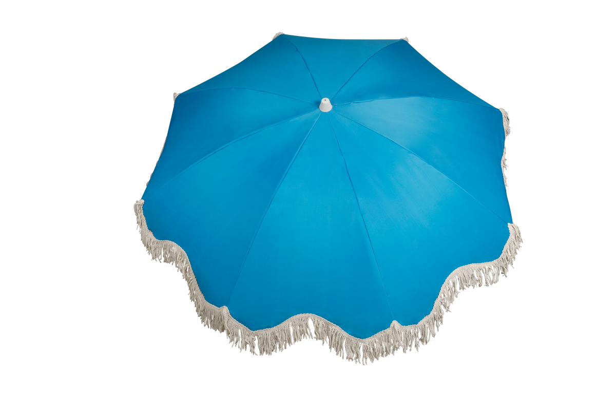 1.75m Premium 100% Canvas Beach Umbrella, UV50+, Wood Pole, Cotton Tassels, Tilting Mechanism, Sand Screw - Peacock Paradise