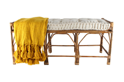 Wicker Bench In Natural, Cotton Cushion, 126 x 59 x 49cm
