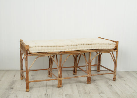 Wicker Bench In Natural, Cotton Cushion, 126 x 59 x 49cm