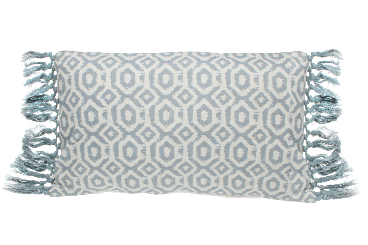 Blue Geometric Patterned Cushion with Tassels 50 x 30cm