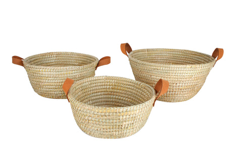 Noosa Palm Leaf Baskets With/ Leather Handle Set Of 3